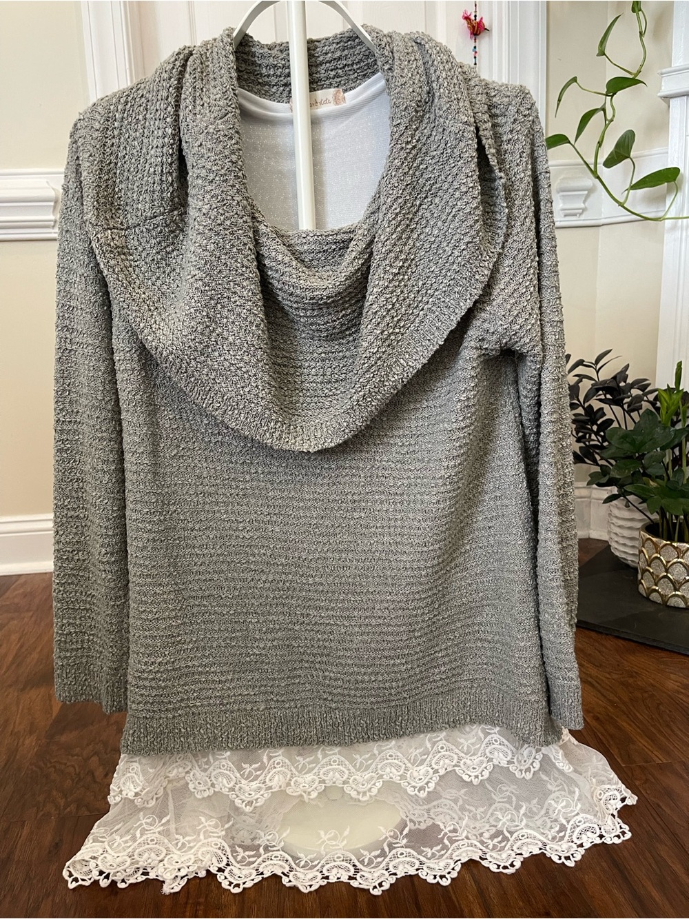 Altar’d State Gray Knit Sweater with White Lace Trim – Size Large